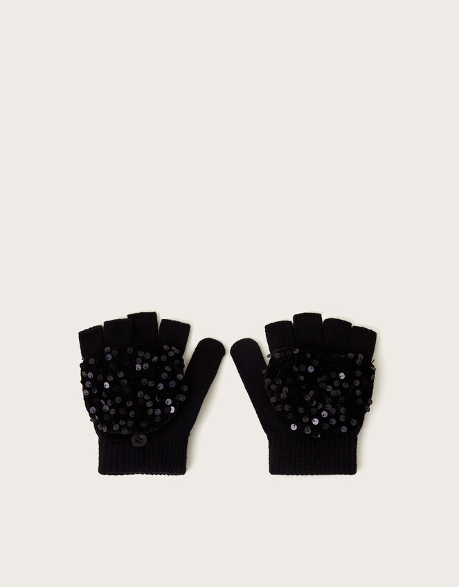 Sequin Embellished Mitten Gloves , Black (BLACK), large