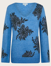 Jess V-Neck Floral Jacquard Jumper, Blue (BLUE), large