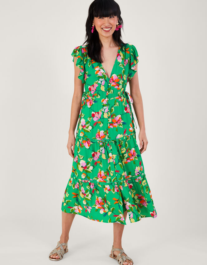 Lilou Floral Tea Dress in Sustainable Viscose, Green (GREEN), large