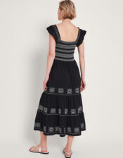 Emi Square Neck Embroidered Midi Dress, Black (BLACK), large