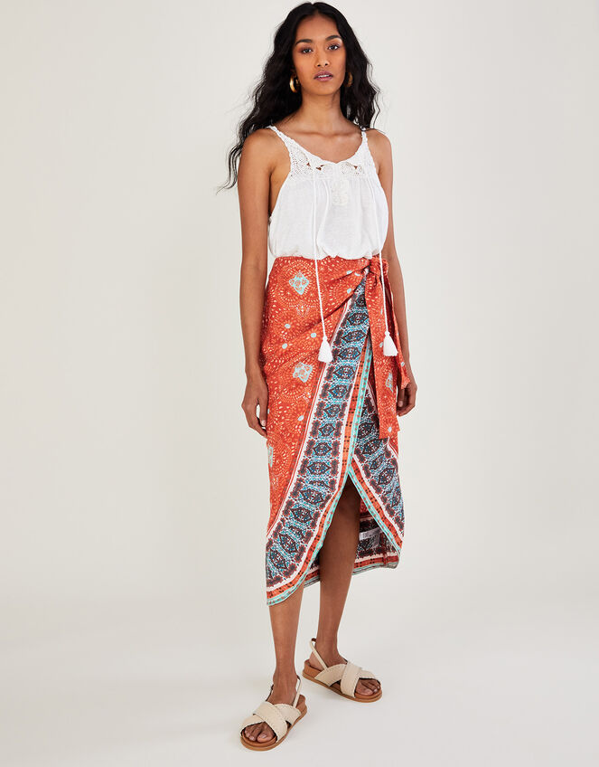 Print Wrap Skirt in Sustainable Linen Orange