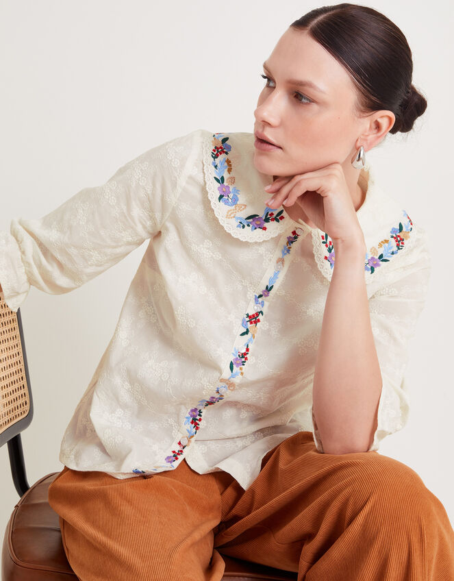 Clara Embroidered Shirt, Ivory (IVORY), large