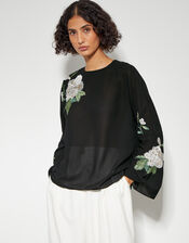 Ariah Floral Satin Blouse, Black (BLACK), large