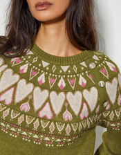 Paula Heart Fair Isle Knit Jumper, Green (OLIVE), large