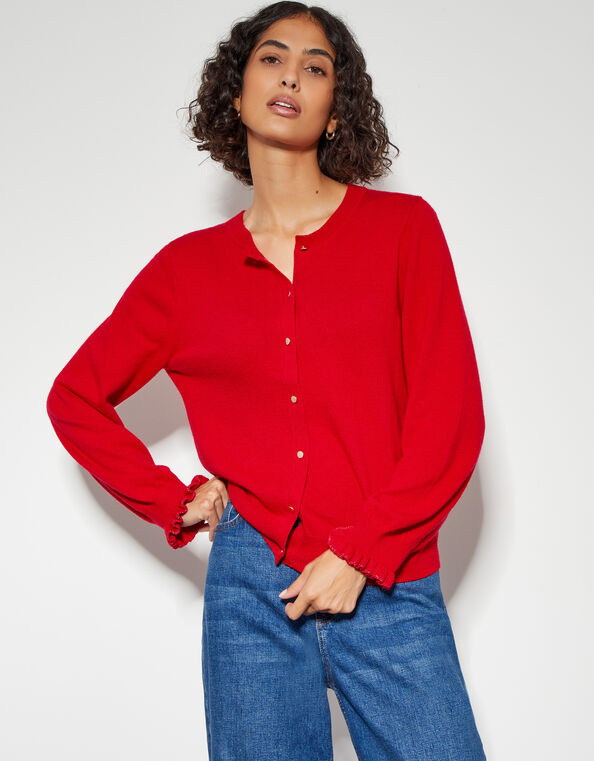 Cora Frill Crew Neck Cardigan, Red (RED), large