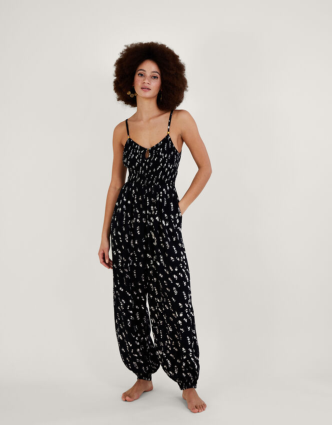 Batik Print Shirred Jumpsuit, Black (BLACK), large