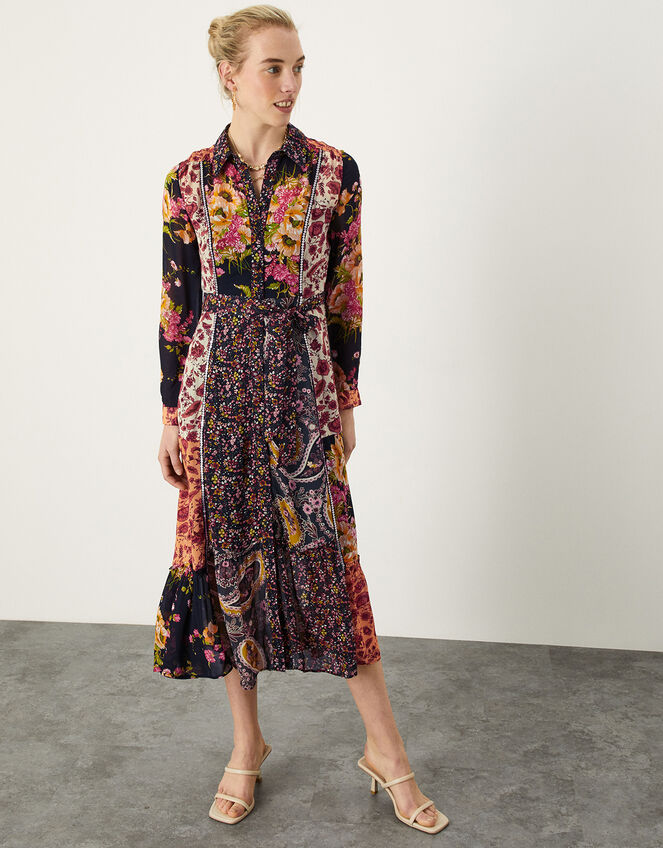 Patchwork Print Shirt Dress in Sustainable Viscose Black