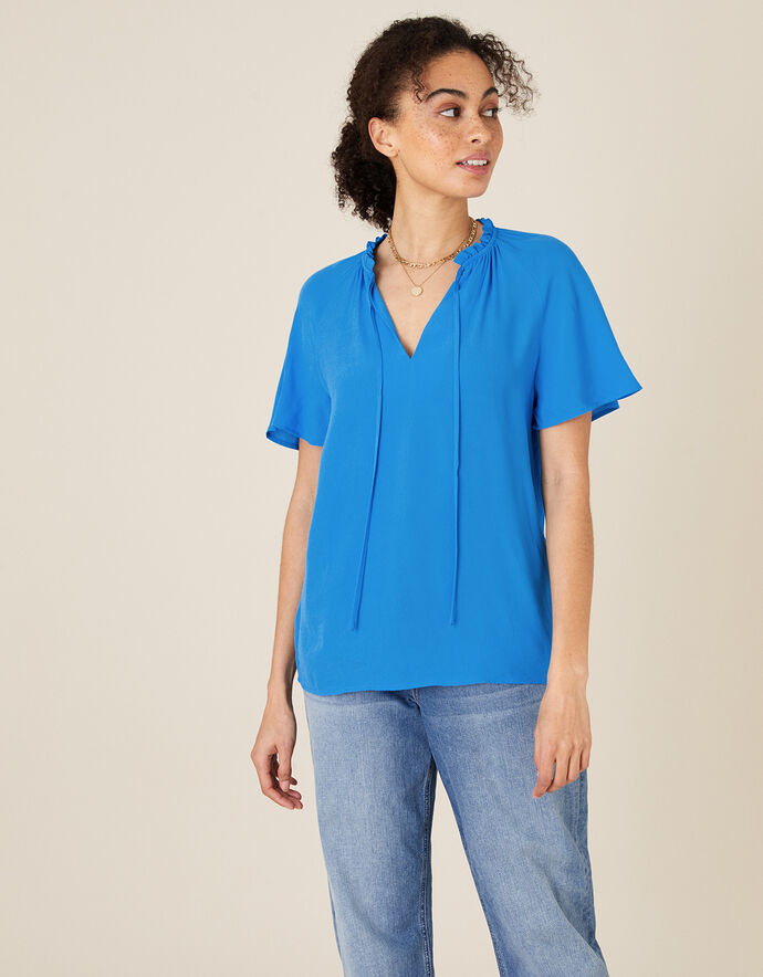 Tie Neck Short Sleeve Blouse Blue | Tops & T-shirts | Monsoon UK.