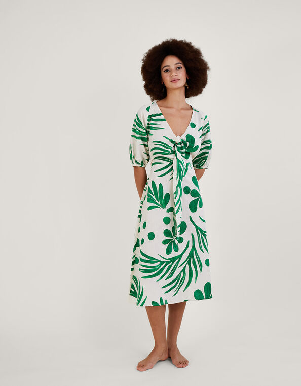 Abstract Palm Print Tie Front Midi Dress, Green (GREEN), large