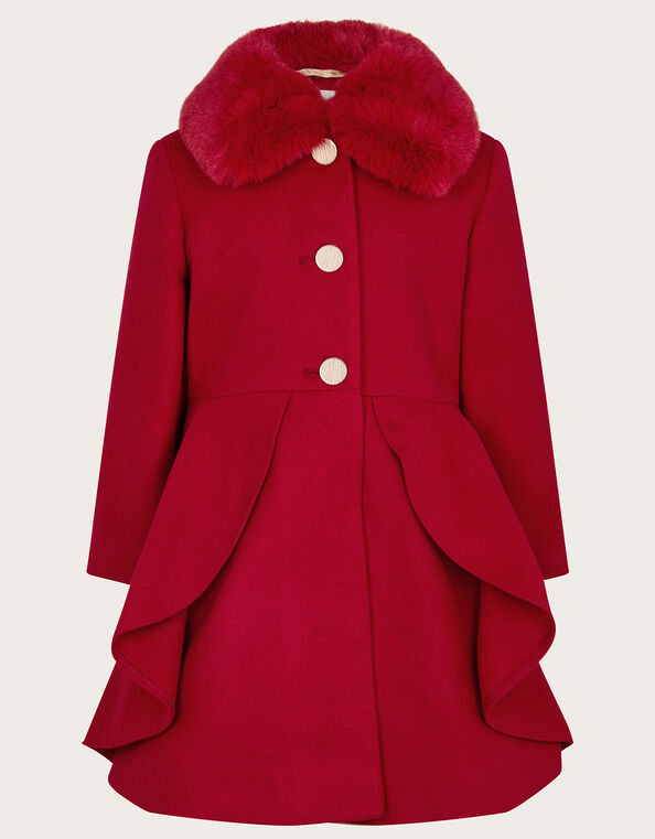 Smart Ruffle Faux Fur Collar Coat, Red (RED), large