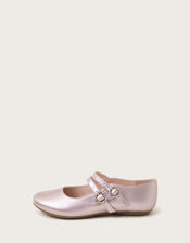 Shiny Two-Strap Ballerina Flats, Pink (PINK), large