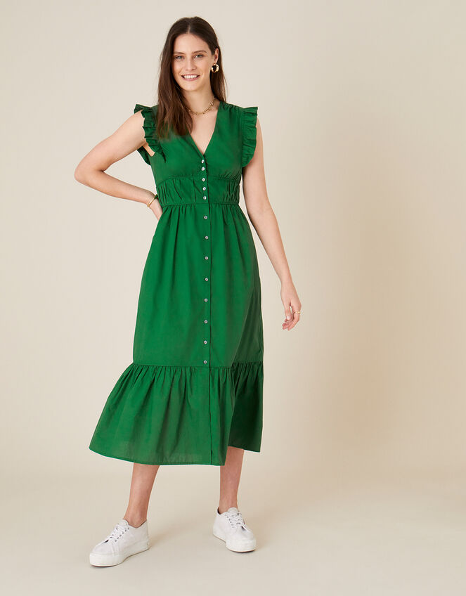 Tiered Midi Dress in Pure Cotton Green
