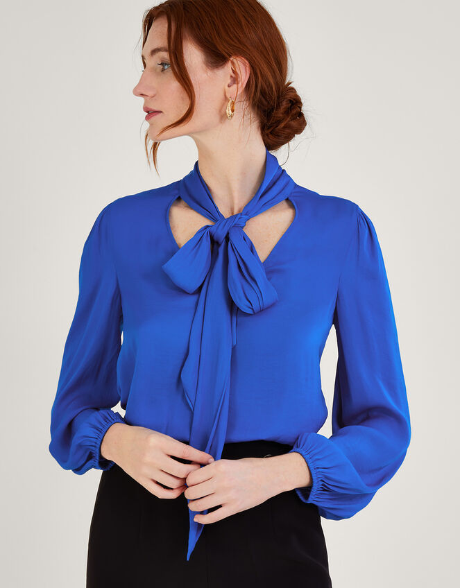 Katie Satin Pussybow Blouse with Recycled Polyester, Blue (COBALT), large