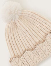 Faux Fur Pom-Pom Hat, Camel (BEIGE), large