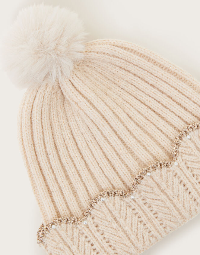 Faux Fur Pom-Pom Hat, Camel (BEIGE), large