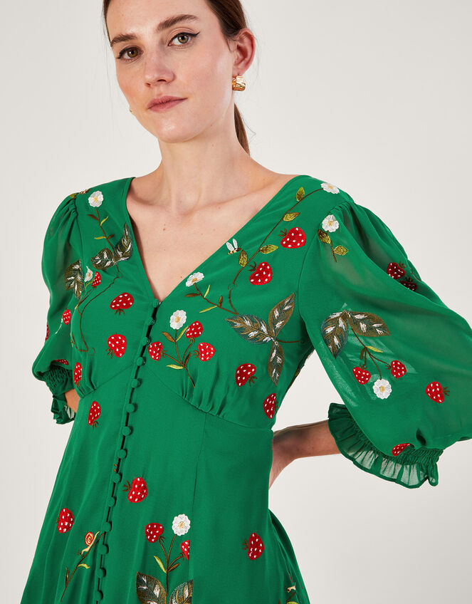 Simone Button Through Embroidered Dress in Recycled Polyester, Green (GREEN), large