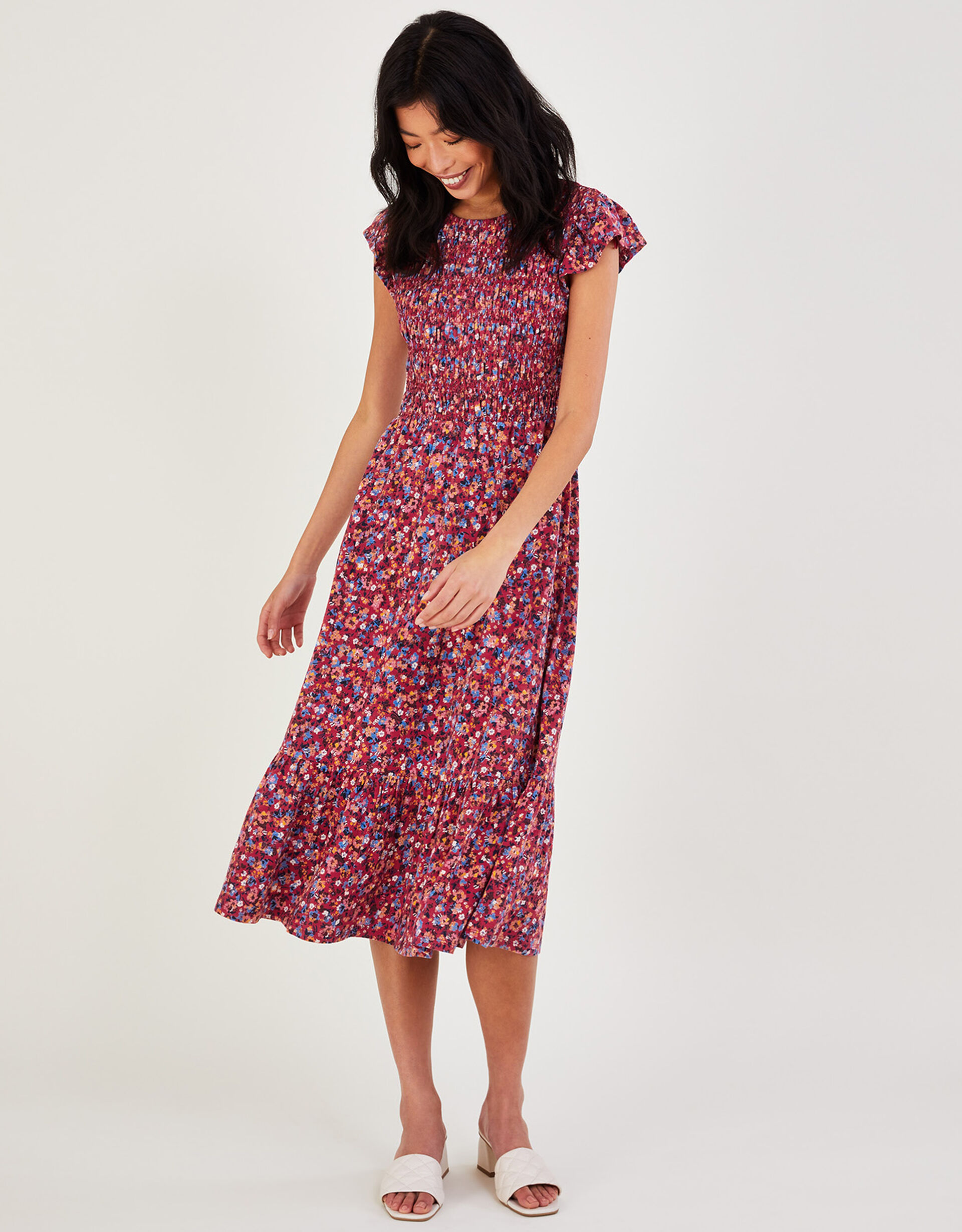 Shirred Ditsy Jersey Dress in Sustainable Cotton Red