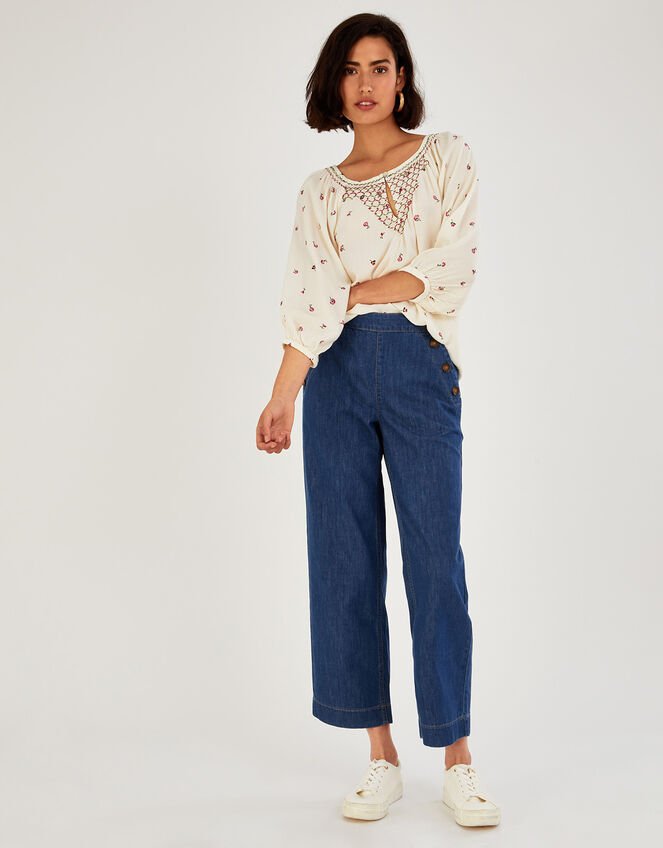 Denim Pull On Crop Flared Jeans in Organic Cotton Blue