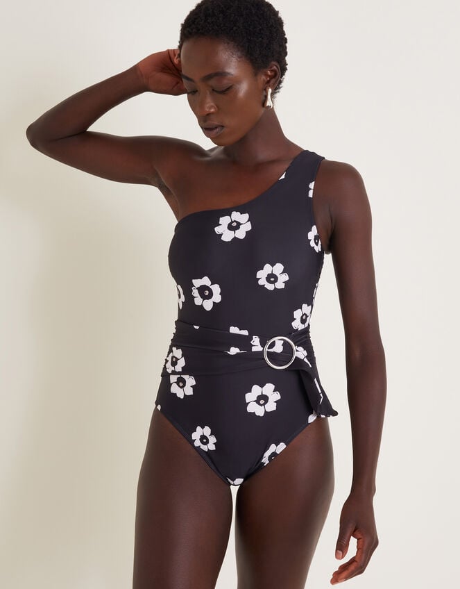 Luna Floral One-Shoulder Swimsuit, Black (BLACK), large